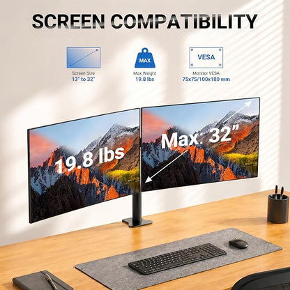 GRIFEMA Monitor Mount for 13-32 in, Dual Monitor Arm, Up to 19.8 Lbs Each | Full Motion Adjustable Height, 360° Rotate, Tilt, Swivel, Easy Install, VESA 75/100 mm, Monitor Stand for Home Office Gaming