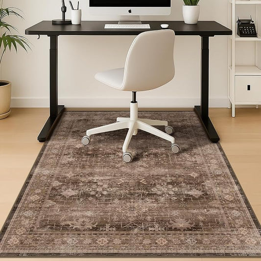 Brown Boho Office Chair Mat for Hard Wood Floors, Anti-Slip Floor Protector for Heavy Duty Computer Chair, 48"x60" Ultra Soft Low Pile Under Desk Rug, Easy to Clean, Taupe