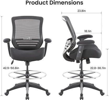 BOLISS 400lbs Mid Back Mesh Ergonomic Drafting Chair for Standing Desk Office Wide Chair Built-in Lumbar Support Big Adjustable Foot Ring Height Adjustable Armrest (Black)