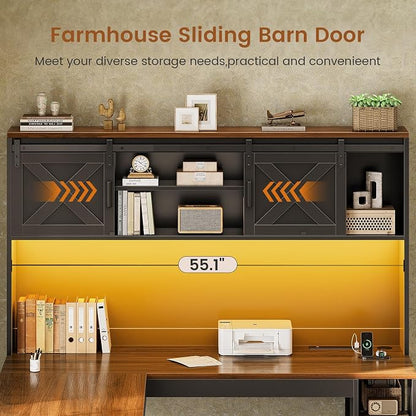 SEDETA 67" Farmhouse L Shaped Desk with Hutch, Home Office Desks with Drawers & Sliding Doors, Corner Computer Desk with Storage Shelves & Power Outlets, Executive Desk with LED Lights, Black+Brown