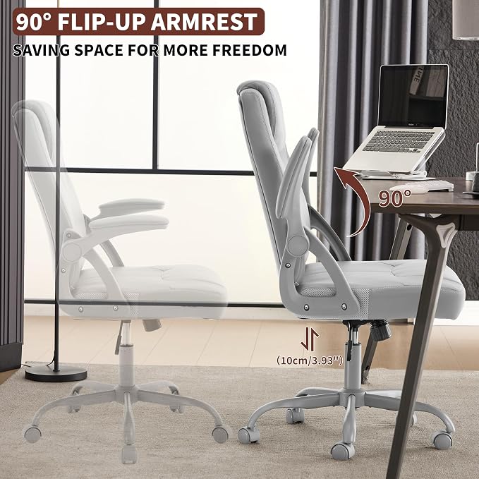 Executive Office Chair, Ergonomic PU Leather Computer Chairs, Executive Breathable Desk Chair with Padded Flip-Up Arms, 360° Swivel Rolling Chair Comfy Padded for Working Studying Gaming (Gray)