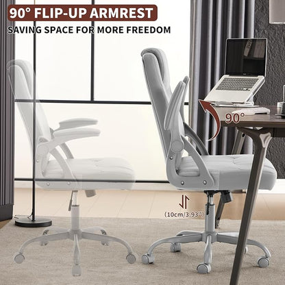 Executive Office Chair, Ergonomic PU Leather Computer Chairs, Executive Breathable Desk Chair with Padded Flip-Up Arms, 360° Swivel Rolling Chair Comfy Padded for Working Studying Gaming (Gray)