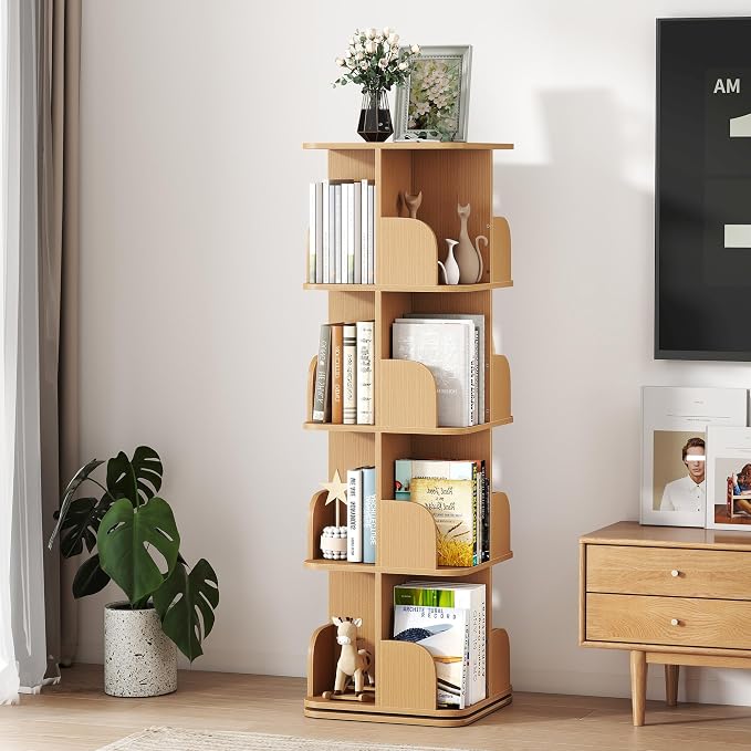 Turosur Rotating Bookshelf, 4 Tier Spinning Bookshelf Tower for Small Space, Kids Bookshelves 360 Display, Revolving Bookcase Floor Standing Storage Rack, Natural