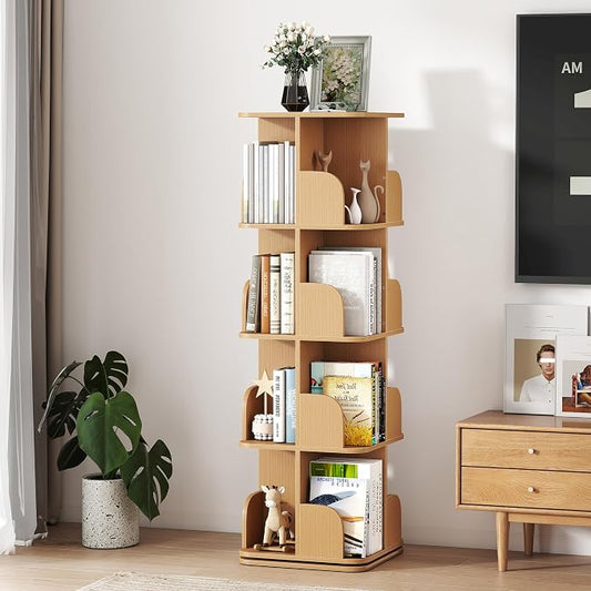 Turosur Rotating Bookshelf, 4 Tier Spinning Bookshelf Tower for Small Space, Kids Bookshelves 360 Display, Revolving Bookcase Floor Standing Storage Rack, Natural