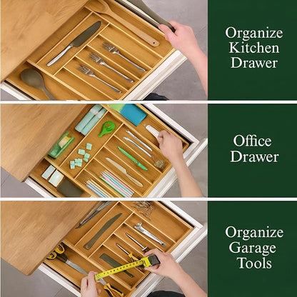 Bamboo Drawer Organizer – Expandable 9 Slot Silverware & Utensil Tray for Kitchen, Office & Kitchen –Fits 13”–19.6” Drawers, Natural Bamboo Wood, Deep Compartments - Durable & Eco-Friendly