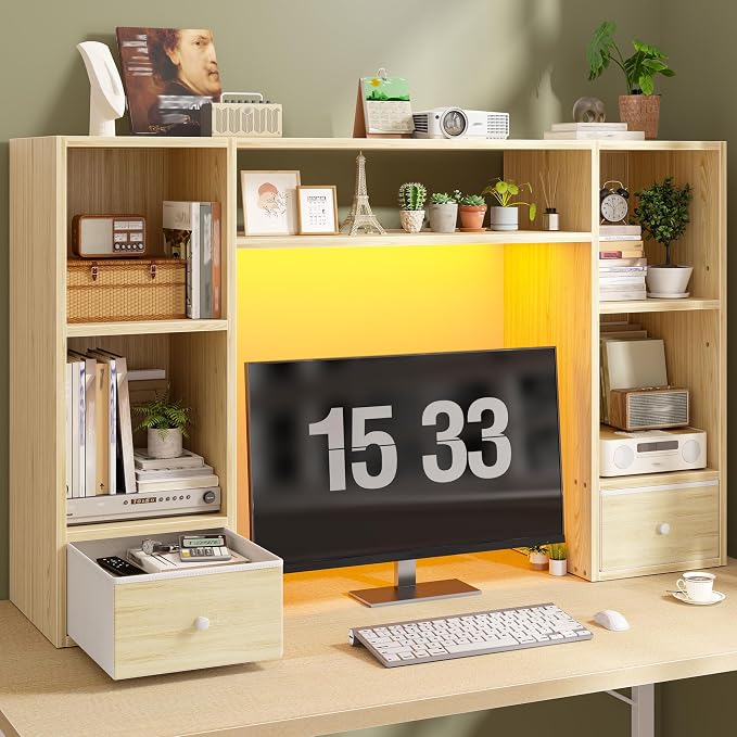 REIBII Desktop Bookshelf with LED Lights,47.2" Desktop Organizer with 6 Shelves and 2 Drawers for Top of Desk,Multipurpose Desk Hutch Dorm with Adjustable Shelves for Home and Office,Natural