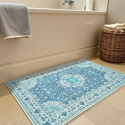 Goideal Washable Rug 2x3, Vintage Area Rugs Non Slip, Indoor Low Pile Carpet with Rubber Backing for Kitchen Bathroom Entryway Office Bedroom,Blue & Teal