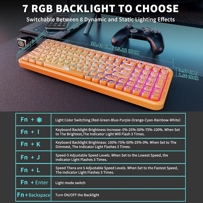FOPETT Wireless Computer Keyboard with RGB Backlit, Tri-Mode Bluetooth 5.0/USB-C/2.4GHz Gaming Keyboard, Full Size Layout, Ergonomic Curved Design for Windows Mac PC Gamers & Office-Orange