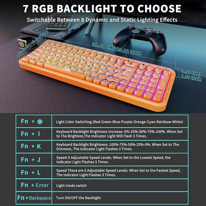 FOPETT Wireless Computer Keyboard with RGB Backlit, Tri-Mode Bluetooth 5.0/USB-C/2.4GHz Gaming Keyboard, Full Size Layout, Ergonomic Curved Design for Windows Mac PC Gamers & Office-Orange