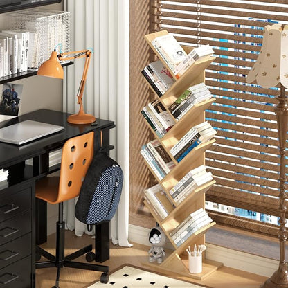 SHEEPAM 10 Tier Tree Book Shelf, Floor Standing Wood Bookshelf for Narrow Space, Storage Organizer Bookshelves for Books/CDs/Magazine, Bookcase with Shelves for Home Office, Living Room - Natural