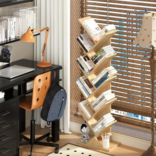 SHEEPAM 10 Tier Tree Book Shelf, Floor Standing Wood Bookshelf for Narrow Space, Storage Organizer Bookshelves for Books/CDs/Magazine, Bookcase with Shelves for Home Office, Living Room - Natural