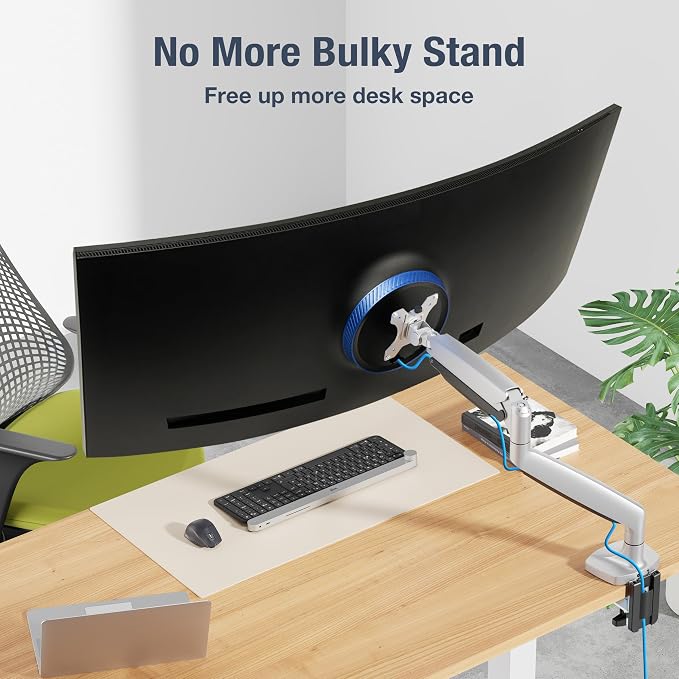 AVLT Single Monitor Arm Desk Mount for 17-45" Screens, Heavy Duty - Gray | Supports flat, curved or ultrawide screens up to 26.4 lbs. Mechanical spring, 4 VESA patterns and tool-free cable management.