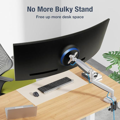 AVLT Single Monitor Arm Desk Mount for 17-45" Screens, Heavy Duty - Gray | Supports flat, curved or ultrawide screens up to 26.4 lbs. Mechanical spring, 4 VESA patterns and tool-free cable management.
