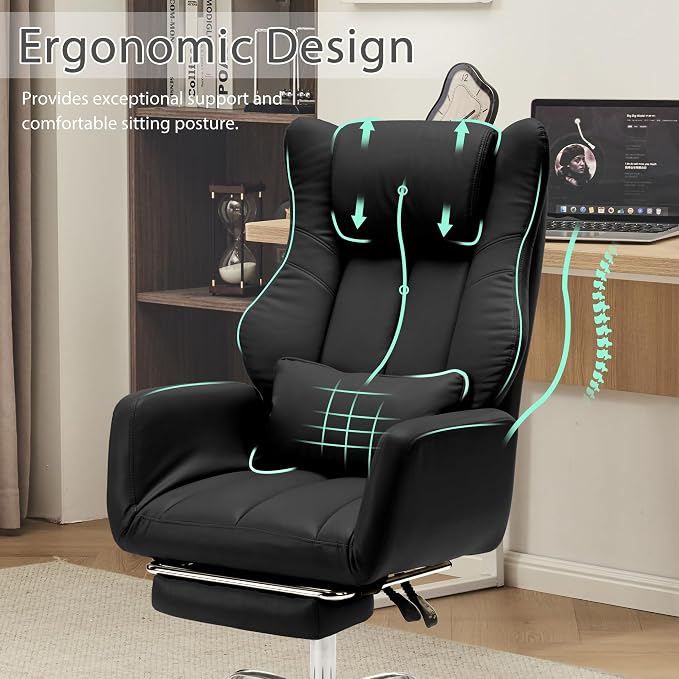 Ergonomic Cross Legged Office Chair with Footrest,Leather Big and Tall Executive Chair with Lumbar Pillow,Reversible Armrest for Pets,155° Reclining Computer Wide Desk Chair for Home,Office, Black