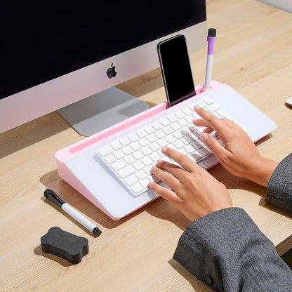 GAROOD Desktop Dry Erase Board with Storage (Pink Base) Desk White Board Desk Board Glass Desktop White Board with Stand Home Office Organizer Phone Holder 15.8X7X2 inches