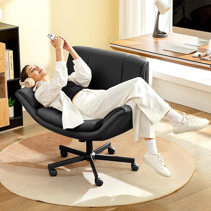 HeroSet Criss Cross Chair with Wheels & Armrests,Comfy Wide Vanity Chair,Scratch-Resistant Pu Leather Cross Legged Desk Chair,Height Adjustable Computer Office Desk Chairs for Home,Makeup,Bedroom