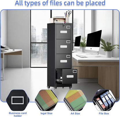 METAN 4 Drawer Metal File Cabinet with Lock, Mobile Heavy Duty Steel Filing Cabinet with Full Extension Rails, for Office Workspaces, Letter Legal Size, Black, Assembly Required