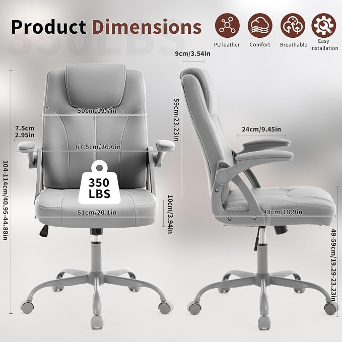 Executive Office Chair, Ergonomic PU Leather Computer Chairs, Executive Breathable Desk Chair with Padded Flip-Up Arms, 360° Swivel Rolling Chair Comfy Padded for Working Studying Gaming (Gray)