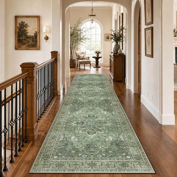 RELEANY Area Rugs Runner 3'x10' Washable Non-Slip, Floral Vintage Distress Medallion Carpet for Kitchen Hallway Bedroom Beside Laundry Room Bathroom, Dark Green Gray
