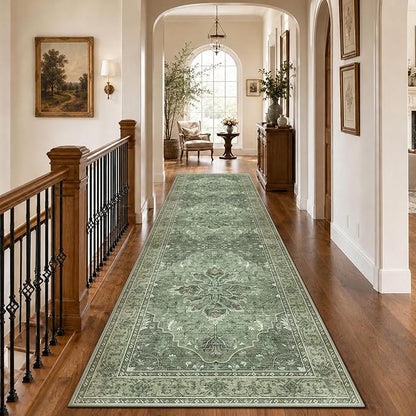 RELEANY Area Rugs Runner 3'x10' Washable Non-Slip, Floral Vintage Distress Medallion Carpet for Kitchen Hallway Bedroom Beside Laundry Room Bathroom, Dark Green Gray