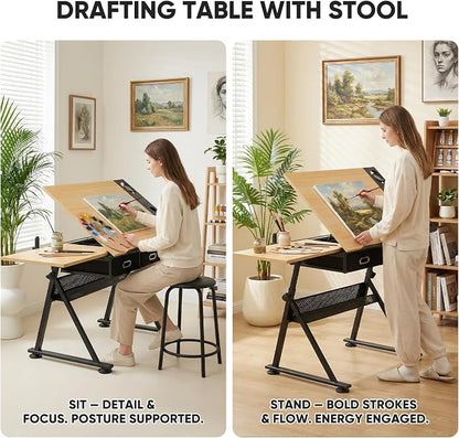 Magshion Professional Drafting Table for Adults w/Stool, Tilting Wooden Tabletop & Adjustable Height, Art Craft Desk Watercolor Painting Sketching Work Station for Studio Home Office School (Natural)