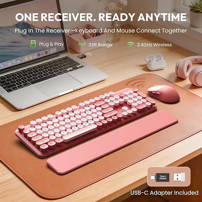 Wireless Keyboard and Mouse Combo, Typewriter Keyboard with Magnetic Wrist Rest, Full-Size Cute Round Keycaps, Sleep Mode, 2.4G Keyboards for Mac/Windows/PC, Office or Home, Trueque CK23Pro
