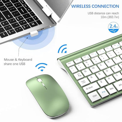 Wireless Keyboard and Mouse Ultra Slim Combo, TopMate 2.4G Silent Compact USB 2400DPI Mouse and Scissor Switch Keyboard Set with Cover, Batteries Included, for PC/Laptop/Windows/Mac - Green White