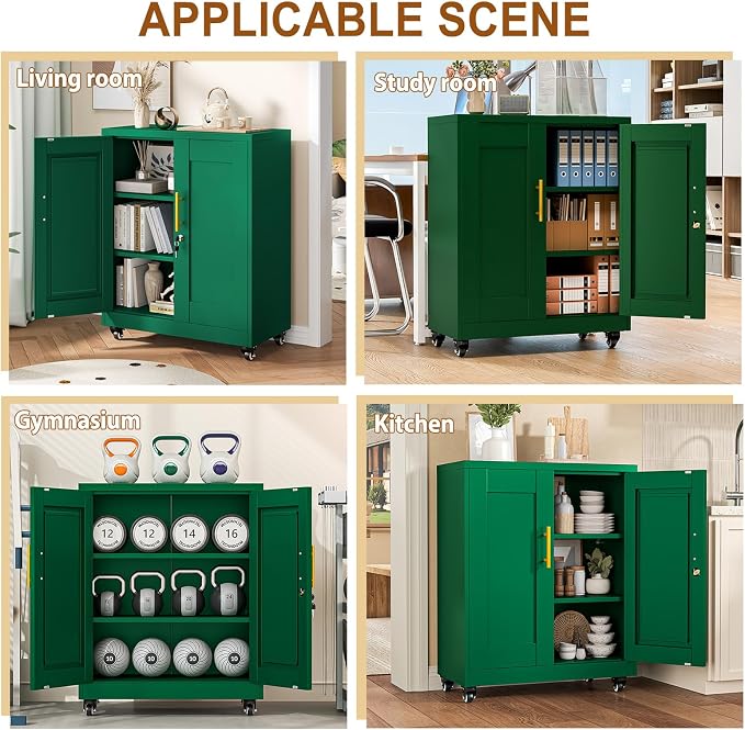 36" Metal Garage Storage Cabinet with Lock and Wheels,Rolling Steel Locker Organizer,Office File Cabinet with 2 Doors and 2 Adjustable Shelves,Tool Cabinets for Home Office,Gym,School (Green)