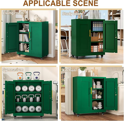 36" Metal Garage Storage Cabinet with Lock and Wheels,Rolling Steel Locker Organizer,Office File Cabinet with 2 Doors and 2 Adjustable Shelves,Tool Cabinets for Home Office,Gym,School (Green)