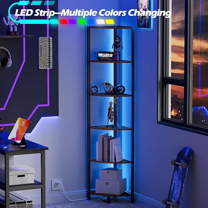 Furnulem 6 Tier Corner Shelf with LED Light, 67.5” Tall Standing Shelf Organizer, Narrow Bookshelf with Storage Rack for Wall Corner, Living Room, Bedroom, Metal Frame, Wood Display Shelf