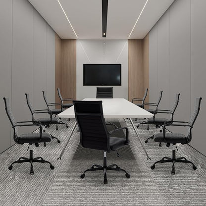 Conference Room Chairs, Ergonomic Executive Office Chair, Ribbed Leather Desk Chair with Lumbar Support, Adjustable Height Mid-Back Swivel Chair with Padded Seat