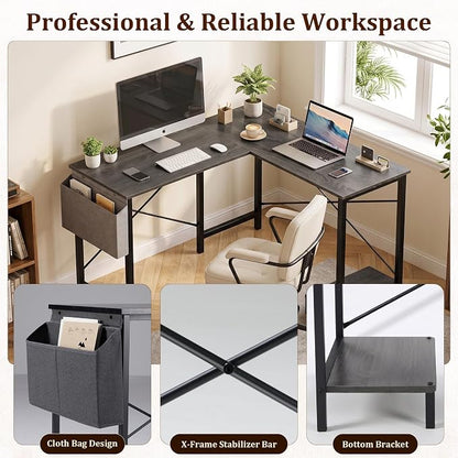 Alpen Gaming Desk, Home Office L Shaped Desk, Small Computer Corner PC Table with Side Bag and Reversible Shelf, Sturdy Writing Workstation for Bedroom, Living Room, Grey