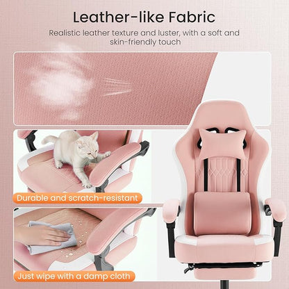 Sweetcrispy Video Gaming Chair: Ergonomic Desk Chair with Footrest and Lumbar Support, Height Adjustable High Back with Linkage Armrests and Headrest, 360° Wheels, Pink