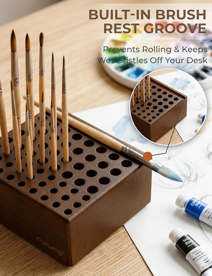 DUGATO Wooden Paint Brush Holder, 59 Hole Desk Organizer for Pencils, Pens & Art Supplies, Tabletop Brush Organizer Stand Holder with Built-In Rest Groove