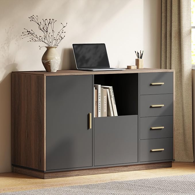 ModernMate File Cabinet with 5 Drawer & Charging Station, 47.2" Office Storage Cabinet with Door & Adjustable Shelves, Printer Stand with Open Shelf for Home Office, Fits A4/Letter Size, Black Walnut