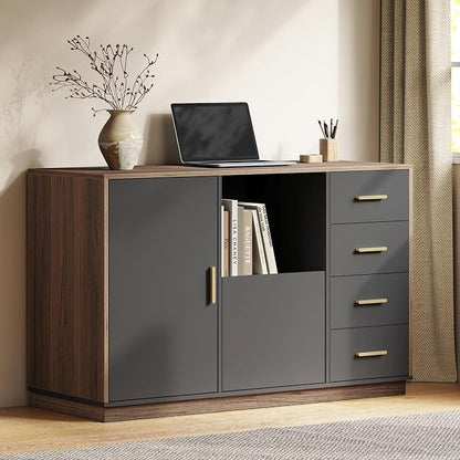 ModernMate File Cabinet with 5 Drawer & Charging Station, 47.2" Office Storage Cabinet with Door & Adjustable Shelves, Printer Stand with Open Shelf for Home Office, Fits A4/Letter Size, Black Walnut