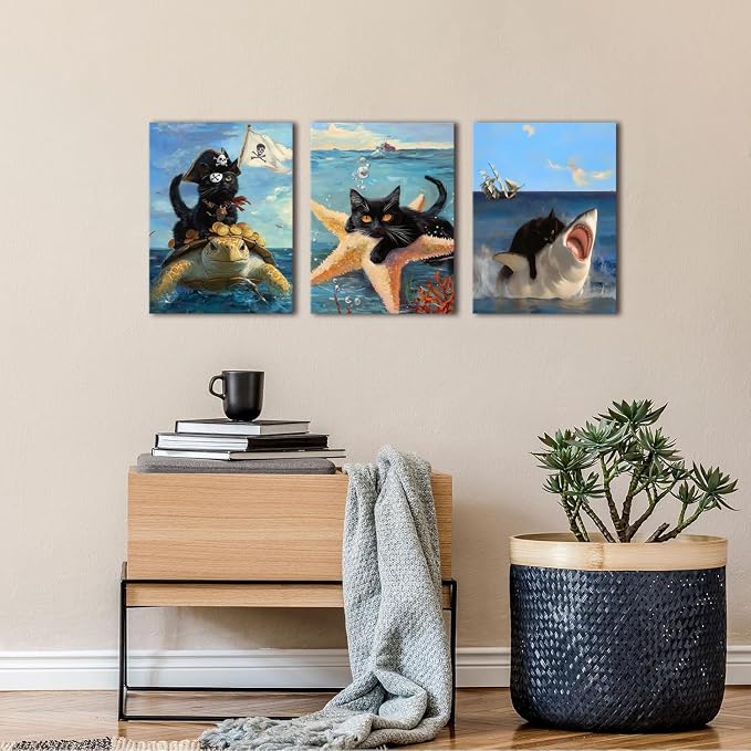 Framed Black Cat Wall Art Funny Cat Shark Turtle Starfish Canvas Wall Decor Ocean Abstract Black Cat Posters Pictures Print for Bedroom Living Room Bathroom 12x16 In