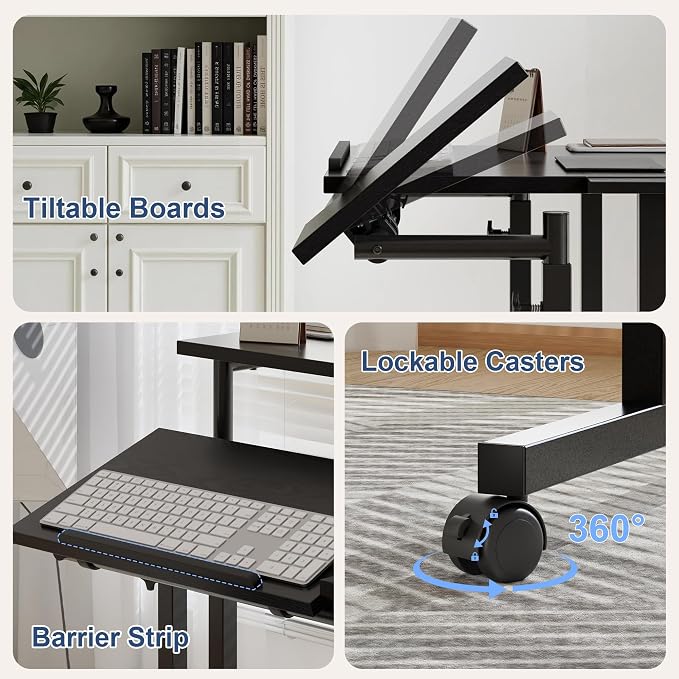 VECELO Mobile Small Standing Desk Adjustable Height, Computer Workstations with Tiltable Tabletop, Lockable Wheels, Portable Rolling Laptop Desk for Home Office, Black