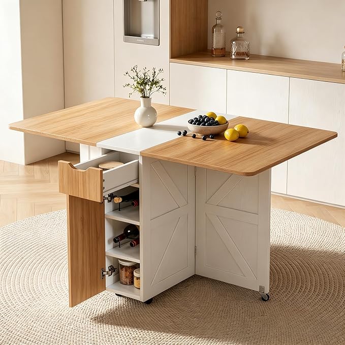 53“ Folding Dining Table Space Saving Foldable Dining Table with Drawer, Shelves and Wine Racks, Drop Leaf Table for Small Spaces, Extendable Folding Kitchen Table with Lockable Wheels