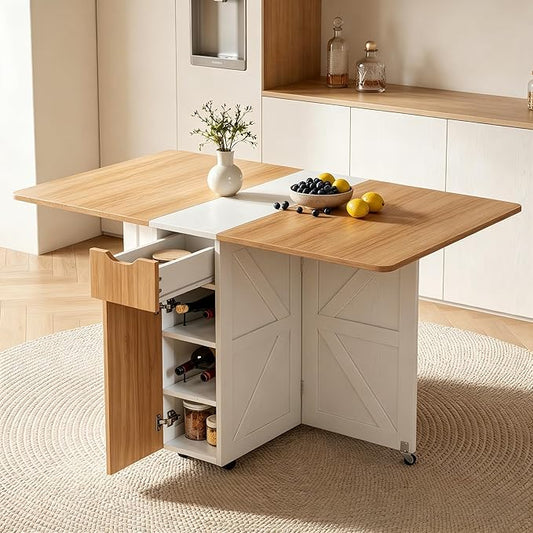 53“ Folding Dining Table Space Saving Foldable Dining Table with Drawer, Shelves and Wine Racks, Drop Leaf Table for Small Spaces, Extendable Folding Kitchen Table with Lockable Wheels