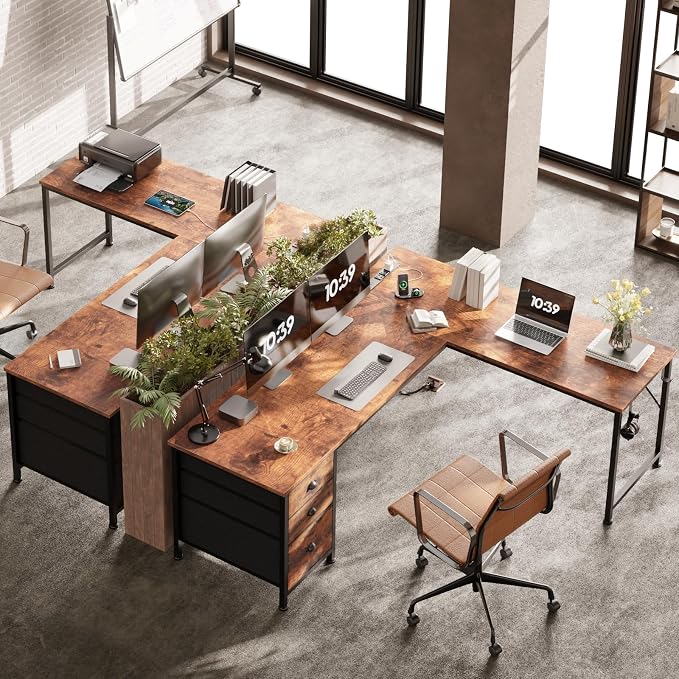 Furologee 63" L Shaped Desk with Power Outlets & USB-C Port, Reversible Corner Computer Desk with 3 Fabric Drawers, Hooks, Large Home Office Desk for Gaming, Writing, Work, Rustic Brown