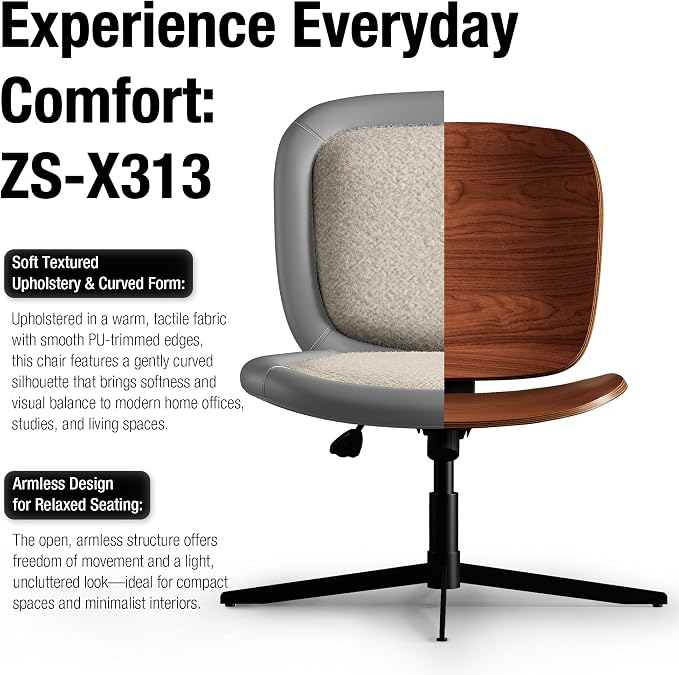 Nordic Armless Ergonomic Office Chair with Wheels, Diamond Tufted PU Leather Computer Chair, Adjustable Height Desk Chair with Solid Wood Back for Small Home Office (No Wheels-Beige)