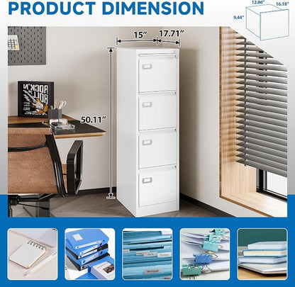 BYNSOE 4 Drawer File Cabinet with Lock Metal Vertical File Storage Cabinet Office Home Steel Vertical File Cabinet for A4 Legal/Letter Size Narrow File Cabinet Locked,Assembly Required
