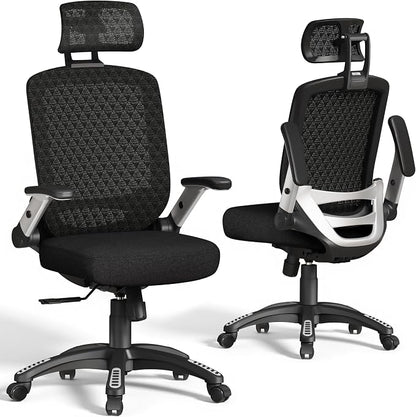GABRYLLY Ergonomic Office Chair, High Back Home Desk Chair with Flip-Up Arms, 3D Headrest, Thick Sponge Seat &90-120° Recline, Big and Tall Mesh Executive Chairs for Man Woman, Midnight-Cloud