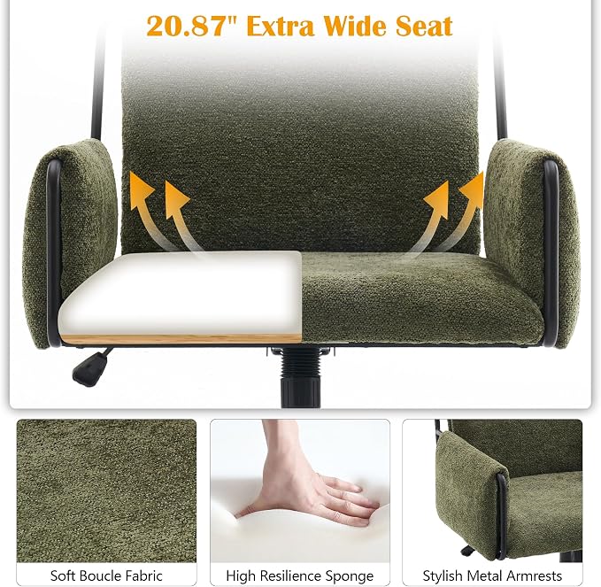 Rowill Modern Office Chair, Swivel Desk Chair, Green Boucle Fabric, Adjustable Height, 300 LBS Capacity, Wheels, Arm Rest, Perfect for Home Office, Bedroom, Makeup Room