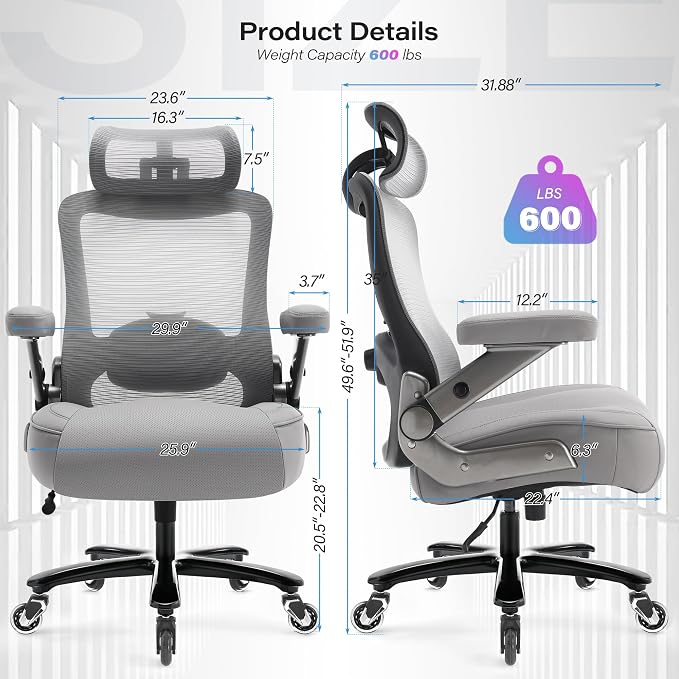 Big and Tall Office Chair 600lbs with 3D Flip Arms, Heavy Duty Large Executive Computer Desk Chair Ergonomic Mesh High Back Plus Size Chair for Adults