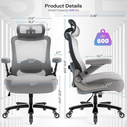 Big and Tall Office Chair 600lbs with 3D Flip Arms, Heavy Duty Large Executive Computer Desk Chair Ergonomic Mesh High Back Plus Size Chair for Adults