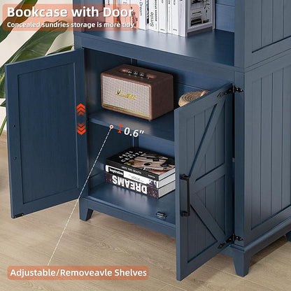 Joaxswe 70in Tall Bookshelf 5 Tier Bookcase with Barn Doors and Adjustable Shelves, Blue Farmhouse Book Shelf with Storage Cabinet, Wood Freestanding Display Bookshelves for Bedroom, Kitchen (2PCS)