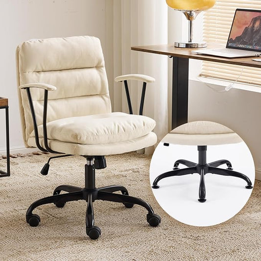 VINGLI Comfortable Office Desk Chairs with/No Wheels,Dual-Base,Removable Armrests,Adjustable Comfy Swivel Computer Task Nail Tech Chair for Office,Sewing,Makeup Vanity,Teen,Linen Fabric,Pale Yellow