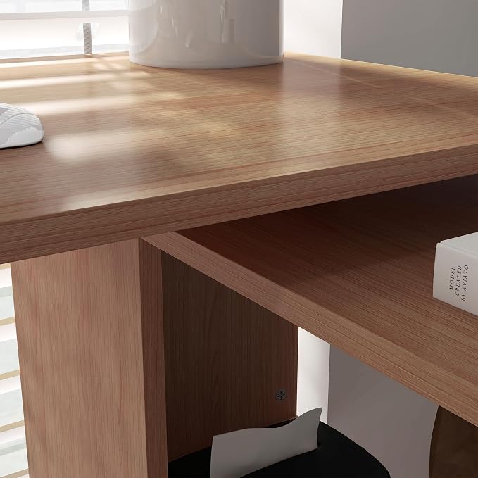 HOMCOM 47 Inch L Shaped Desk, Corner Computer Desk, 360 Degree Rotating Home Office Desk with Storage Shelves, Writing Table Workstation, Teak